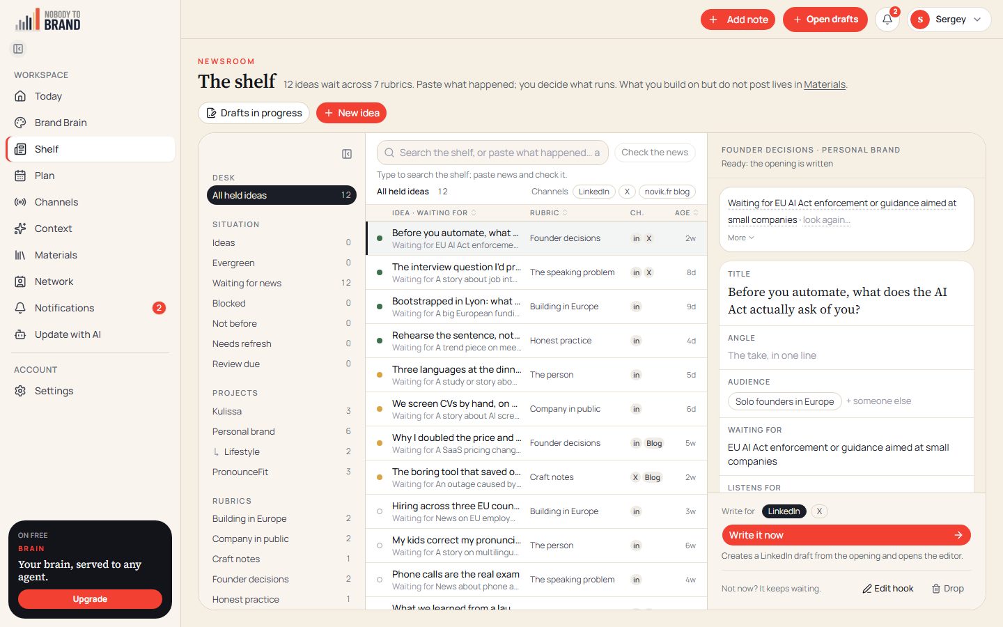 The shelf: held ideas sorted by rubric, each waiting for a news hook, with the selected idea open on the right.